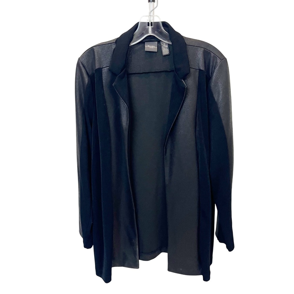 Chicos Travelers Black Faux Leather Mixed Media Open Front Jacket Size 2, Large